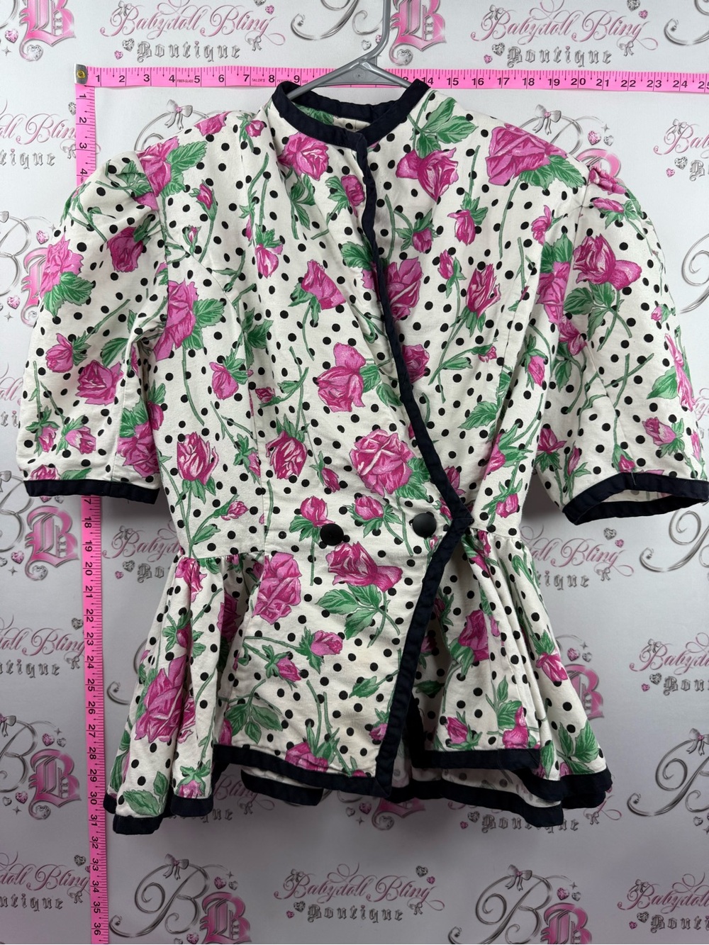JACKIE BERNARD blouse  Cream Peplum vintage Pink Floral Print Black Trim pin up